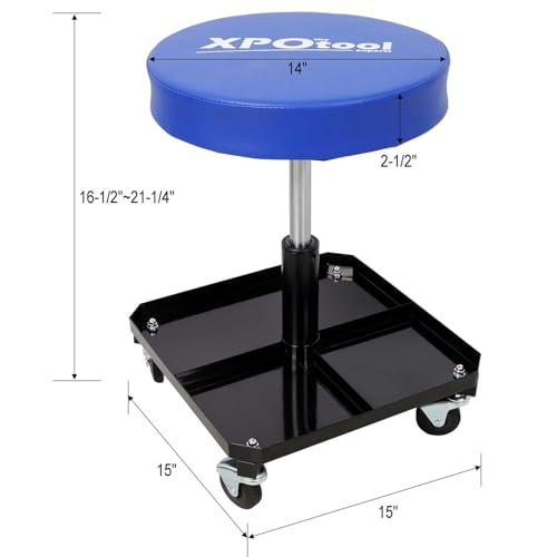 250 lb Rolling Workshop Stool with Tool Tray – Adjustable 16.5″‑21″ Gas‑Lift Mechanic Chair, 360° Swivel Casters & Plush Padded Seat for Auto Repair & Car Detailing (Black + Blue)