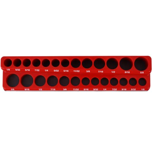 Magnetic Socket Organizer Set, 3-Piece Socket Holder Set Includes 1/4", 3/8", 1/2" Drive Metric SAE Socket Trays, Holds 75 Pieces Standard Size and Deep Size Sockets(Socket not Included) - Red