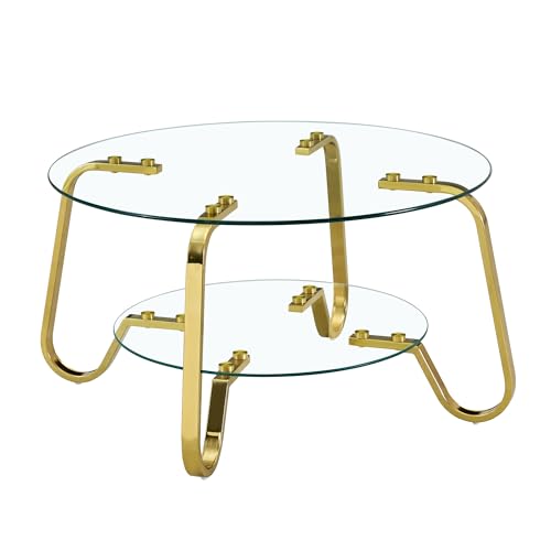 Glass Round Coffee Table with Storage, Modern 2-Tier Circle Coffee Tables for Living Room, 31.5" Gold Coffee Table with Glass Shelft and Metal Legs for Bedroom,Home Office