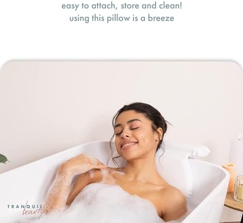 TranquilBeauty Bath Pillow, White, PVC, Pain Relief, 7 Suction Cups - Ergonomic Head & Back Support, Luxury Spa Experience, Waterproof Design, Ideal for Elderly & Children