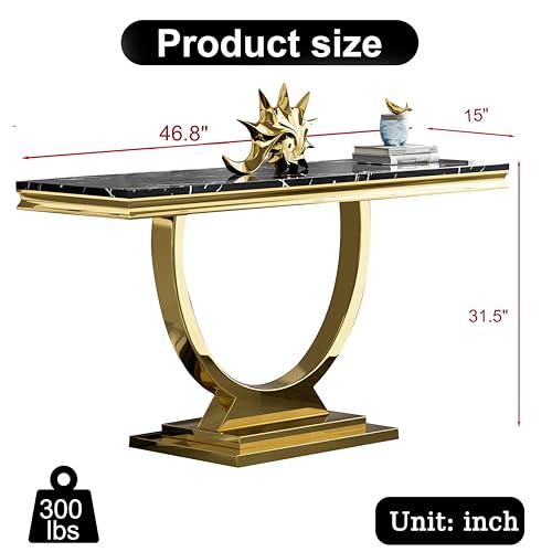 Modern Marble Console Table with Stainless Steel O-Base, 47" Luxury Gold Entryway Table for Living Room, Black Faux Marble Sofa Tables Behind The Couch Hallway Tables for Entrance