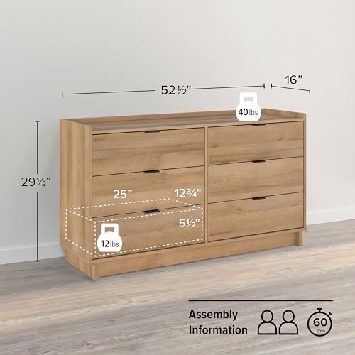 Prepac Simply Modern 6-Drawer Double Dresser for Bedroom, Chest of Drawers, Modern Bedroom Furniture, 52.5” Wide x 16” deep x 29.5” Tall, Oak