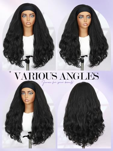 Yaki Wavy Headband Wigs Black Kinky Straight Wear and Go Half Wig with Curly Wavy Ends for Women on the Go Synthetic Headband Blow Out Style Natural Hair Texture for Black Women