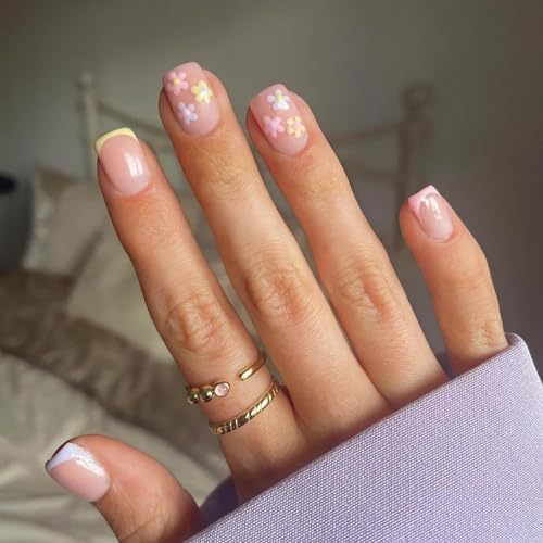 9 Packs (216 Pcs) Press on Nails Short, Jsiallye Flower Short Press on Nails Square, Swirl Press on Nails Almond, Gradient Glue on Nails for Girl Nail Art, 12 Size of Fake Nails - 9 Styles Nail Kits