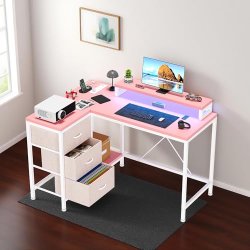 L Shaped Computer Desk with Power Outlets LED Lights Drawers Shelves Corner Gaming Desk Home Office Workstation Modern Ergonomic Design
