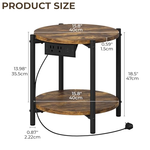 LIKIMIO Side Table with Charging Station, 2-Tier Round End Table with Lower Shelf, 15.8" W Modern Wooden Nightstand for Small Spaces, Living Room, Bedroom, Rustic Brown