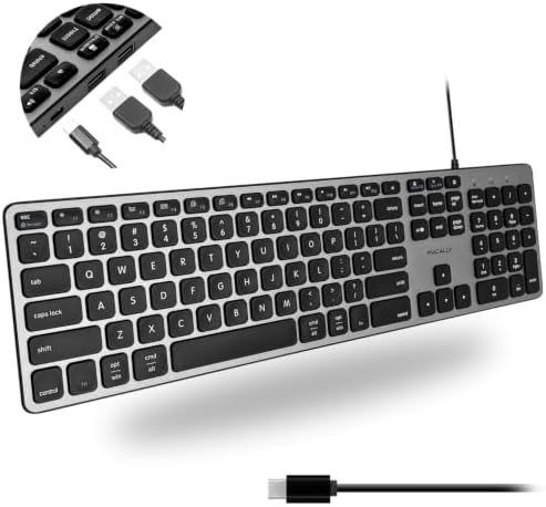 Macally Premium Wired USB C Keyboard with USB Ports - Connect Up to 3 Devices - (2X USB-A |1x USB-C Ports) - Wired Keyboard for Mac Mini/Pro, iMac, Macbook, iPad, and PC - Full Size Type-C Keyboard