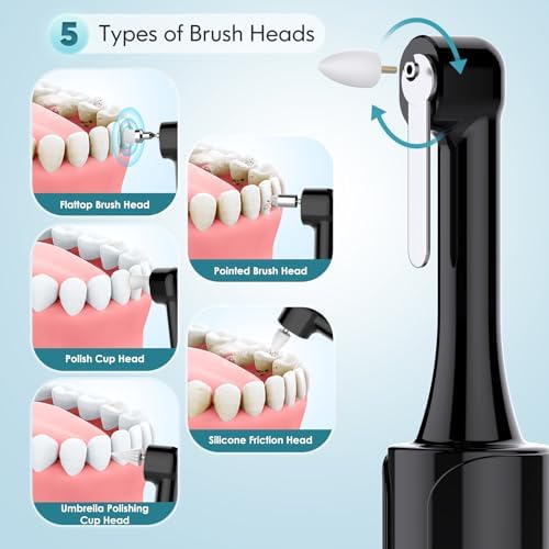 Tooth Polisher, Rechargeable Teeth Polisher with 5 Brush Heads, 4 Speed Modes, Tooth Whitening Kit for Cleaning and Polishing, LED Light, 3 Polish Pastes, IPX6 Waterproof Teeth Cleaning Tools, Black