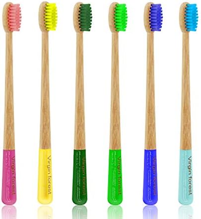 Virgin Forest Bamboo Toothbrush, Natural Eco Friendly Biodegradable Wood Toothbrushes, Vegan Organic Charcoal Tooth Brush, Pack of 6