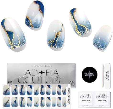 Semi Cured Gel Nail Strips with 20 Pieces, Salon Quality Nail Wraps for Women, Gold Foil Gradient Blue UV Gel Nail Stickers, UV Light Required, Ocean Wave