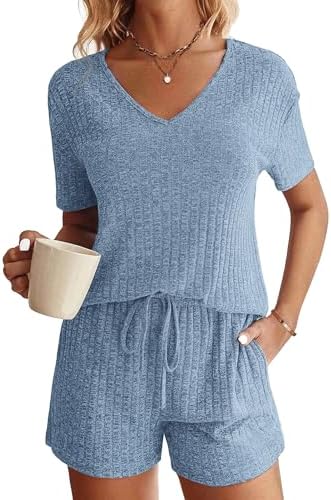Womens Fashion 2 Piece Outfits Sweatsuits Ribbed Knit Summer Short Sleeve Loungewear V Neck Lounge Set