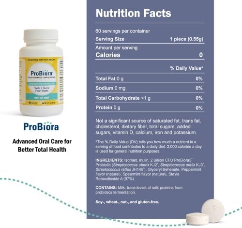 ProBiora Oral-Care Chewable Probiotic Tablets | Probiotic Supplement for Women & Men | Healthier Teeth & Gums | Fresher Breath | Whiter Teeth | 60 Count | Mint