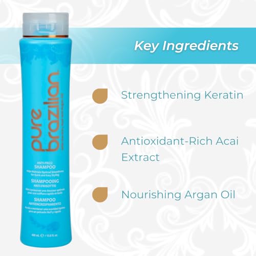 Pure Brazilian Anti-Frizz Daily Shampoo, Salt-Free, Color Safe, with Keratin, Argan Oil & Acai for Prolonged Treatment & Smooth Hair, 13.5 Oz