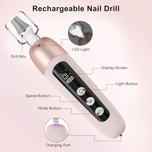 Electric Nail Drill Cordless Nail File Professional Manicure Pedicure Kit, 9 in 1 Hand Foot Rechargeable Care Tool, 10 Speeds Electric Nail File Grinder for Thick Toenail Trim Polish Pink