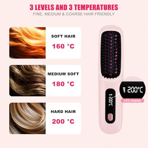 New gobrush pro 2025, Cordless Hair Straightener Brush-199 Million Negative Ions, 20S Fast Heat Up,3 Temperature Settings,4000mAh USB-C Rechargeable,Compact & Travel-Friendly with LED Display,Pink