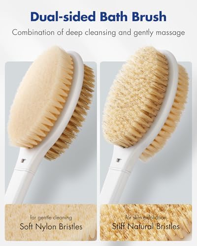 Back Scrubber Body Shower Brush: 20.5‘’ Extra Long Anti Slip Handle Bath Brush with Stiff and Soft Bristles - Showering Exfoliator Wet or Dry Brushing for Women, Men, Elderly (Blue)