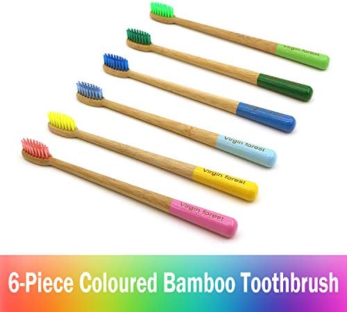 Virgin Forest Bamboo Toothbrush, Natural Eco Friendly Biodegradable Wood Toothbrushes, Vegan Organic Charcoal Tooth Brush, Pack of 6