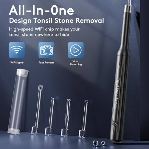 Tonsil Stone Removal Kit with Camera- 2025 Upgraded Tonsil Stone Remover Tool Connect with WIFI - Visual Led Light Tonsillolith Removal Tool with 4 Head Attachments (Black)