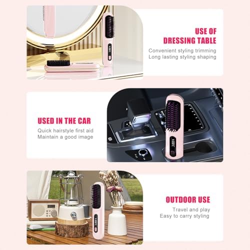 New gobrush pro 2025, Cordless Hair Straightener Brush-199 Million Negative Ions, 20S Fast Heat Up,3 Temperature Settings,4000mAh USB-C Rechargeable,Compact & Travel-Friendly with LED Display,Pink