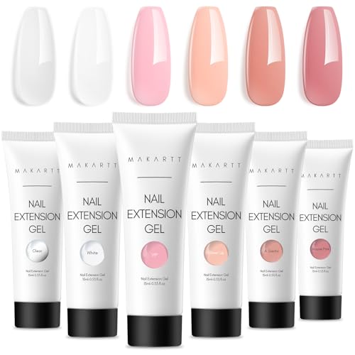 Makartt Poly Nail Gel Set - 6 Neutral Colors for Extension Nails, Long Lasting, Natural-looking, Strong Builder Enhancement for Salon Manicure DIY at Home 15ML Clear White Nude Pink