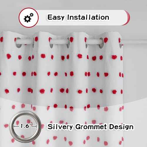 Blackout Curtains for Nursery Thermal Insulated Red Pom Pom Curtains 72 Inch Long for Girls Bedroom 2 Panels White Sheer Curtains for Dining Room Door Grommet (2 Count)
