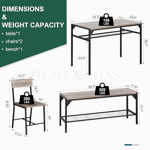 Shintenchi Kitchen Table Chairs Set of 4, Dining Table Set for 4 with Bench and Chairs, 4 Pieces Kitchen Table Set with Storage Rack & Metal Frame for Small Space, Gray