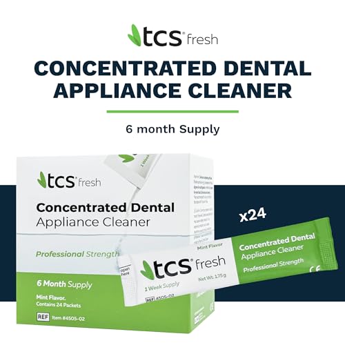 TCS Fresh Dental Appliance Cleaner, 24 Count Professional Strength Concentrated Cleanser Powder - Flexible Partial Cleaners, Denture Cleaner & Dental Night Guard Cleaner, Mint Flavor (6 Month Supply)
