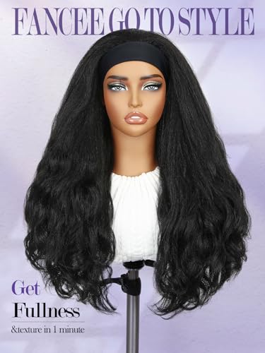 Yaki Wavy Headband Wigs Black Kinky Straight Wear and Go Half Wig with Curly Wavy Ends for Women on the Go Synthetic Headband Blow Out Style Natural Hair Texture for Black Women