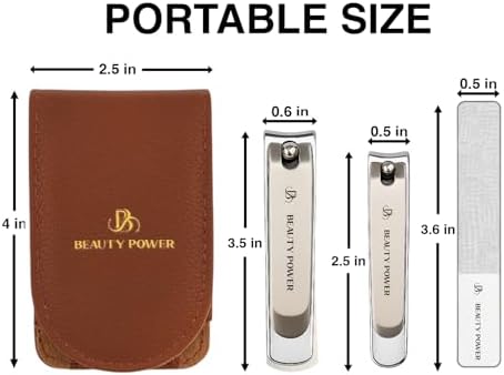 Nail Clippers Set 3 in 1 - Stainless Steel Toe Nail Clippers, Fingernail Clipper, Glass Nail File, Anti Splash, Ergonomic Grip in PU Leather Travel Case for Men & Women (Brown Case)