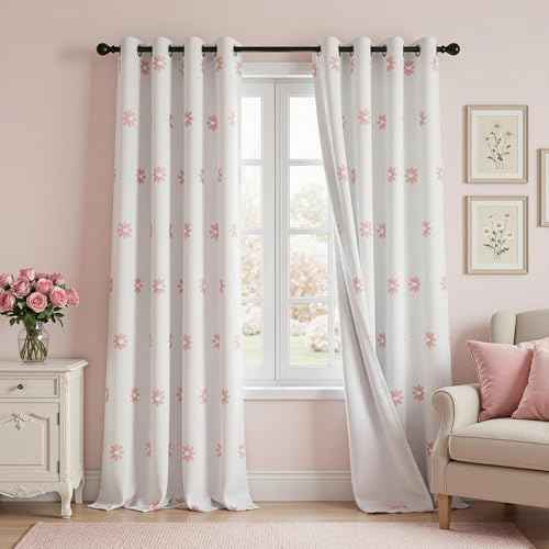 Blackout Curtains for Living Room 95 Inch Long Total Light Blocking Pink Floral Curtain for Sliding Door 2 Panels Grommet Girls Bedroom Drapes with Daisy Flower Sheer 50 x 95 in (2 Count)