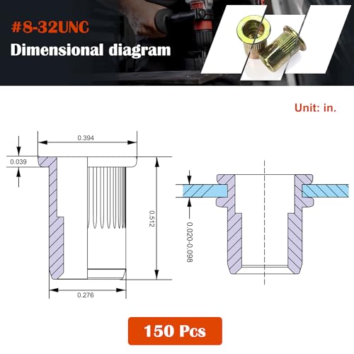 Rivet Nut, Ktehloy 150Pcs 8-32UNC Carbon Steel Flat Head Rivnut Threaded Insert Nut, Zinc Plated Carbon Steel Nut Inserts, Knurled Body (8-32) - size: 8-32 - 150 Pcs
