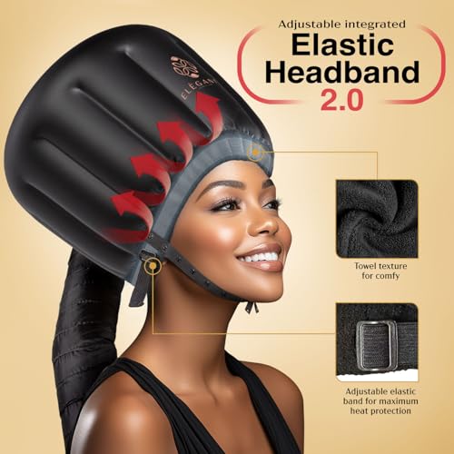 ELEGANTY Soft Bonnet Hood Hairdryer Attachment with Headband that Reduces Heat Around Ears and Neck to Enjoy Long Sessions - Used for Hair Styling, Deep Conditioning and Hair Drying (Black)