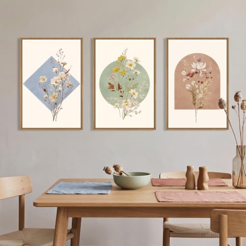 Boho Neutral Wildflower Framed Canvas Wall Art Set