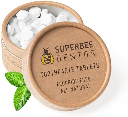SuperBee Dentos Toothpaste Tablets, 100 Tabs, Fluoride Free & Eco Friendly, Travel Mouthwash Tablets, Sensitive Bites Kids Adults, Chewable Tablet, Spearmint