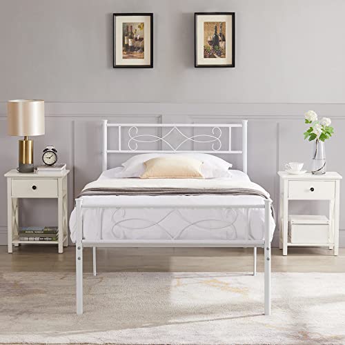 VECELO 14" Twin Size White Metal Platform Bed Frame with Headboard,Premium Steel Slat Support/No Box Spring Needed/Noise-Free/Easy Assembly