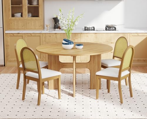 Kmax Farmhouse Rattan Dining Chairs Set of 4 Velvet Upholstered Dining Room Chairs with Cane Back for Kitchen, Brown Wood Frame