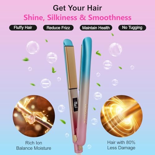 DORISILK Colorful Flat Iron 450 Degrees, Ceramic Hair Straightener and Curler 2 in 1, 30s Fast Heat Straightening Iron for Hair, Dual Voltage Hair Iron 1 Inch Salon Control Temp Gift for Women Girls