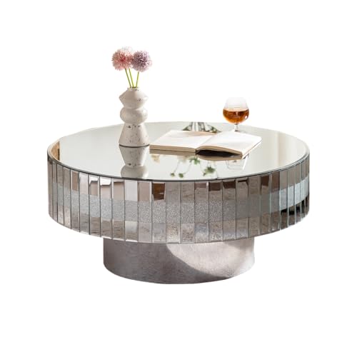Round Coffee Table with Dazzling Crushed Crystal Border, 31" Round Silver Mirrored Coffee Table for Living Room, Glam Modern Glass Living Room Center Tea Cocktail Table, Bedroom Pedestal Nightstand
