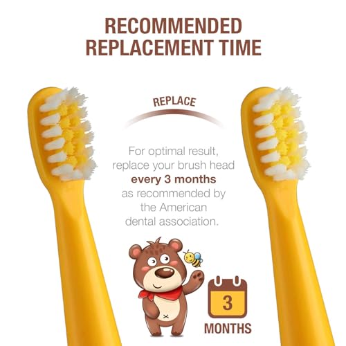 Vekkia Bear Buddy Kids Electric Toothbrush Replacement Heads, Soft End-Rounded 3D Curved Bristles for Small Mouths, Comfortable & Efficient Cleaning, Yellow, 10 Pack