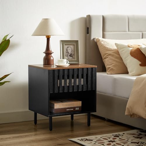 2 Set Nightstands with Grille Striped Doors, Mid Century Modern Nightstand, Bedside Table with Slatted Drawer Decor, End Tables Bedroom with Metal Legs,Room