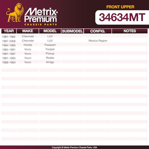 Metrix Premium Chassis Parts Ball Joint Fits Chevrolet LUV 81-82, LUV 97-06 | Honda Passport 94-95, Isuzu Trooper 84-91, Rodeo 91-95, Amigo 89-94, Front Upper, Replacement K9452 - size: 34634MT