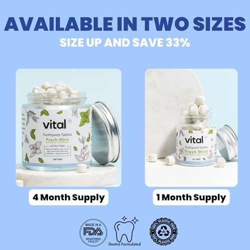 Vital Toothpaste Tabs with Nano-Hydroxyapatite | Naturally Whitens + Remineralizes Teeth | Fluoride & Plastic Free | Combats Sensitivity | Travel & Eco Friendly | Fresh Mint | 62 Tablets (1 Month)