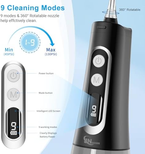 Water Dental Flosser Oral irrigator,JNGOODS 300ml Rechargeable Water flosser for Teeth IPX7 Waterproof 9 Modes Portable Oral Irrigator. LED Display with 4 Jet Tips, Travel Home use (Black)