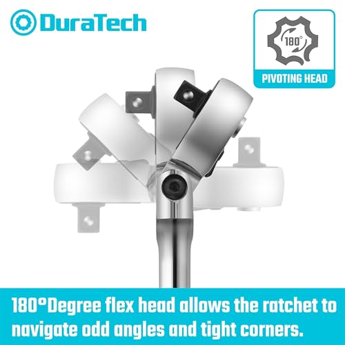 DURATECH 1/4" Drive Flex-Head Ratchet | 72-Tooth Ratchet Wrench, Quick-release, Reversible Switch, Full-Polished Chrome Plating, Alloy Steel - size: 1/4" Drive