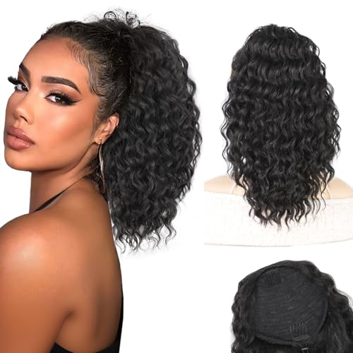 AISI BEAUTY Black Ponytail Extension 14 Inch Curly Drawstring Ponytail for Women Clip in Fake Ponytail Synthetic Curly Pony Tails Hair Extensions(Black)