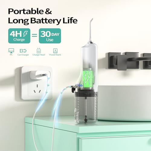Water Flosser Teeth Cleaner, 4 Modes Rechargeable Portable Cordless Oral Irrigator 260ML Electric Dentel Flossers With DIY Strength, IPX7 Waterproof Travel Flossing Cleaning Picks for Home Light White