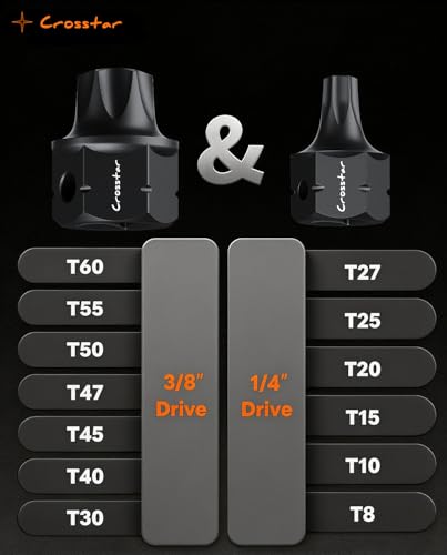 Crosstar 5Pcs T30 Impact Torx Bit Socket Set, Stubby S2 Steel,3/8” Drive Torx Socket Set, Upgrade Hex socket, Anti-Roll Design, Professional Tools for Automotive, Engine, Home Appliance Repair - size: 5Pcs(T30)