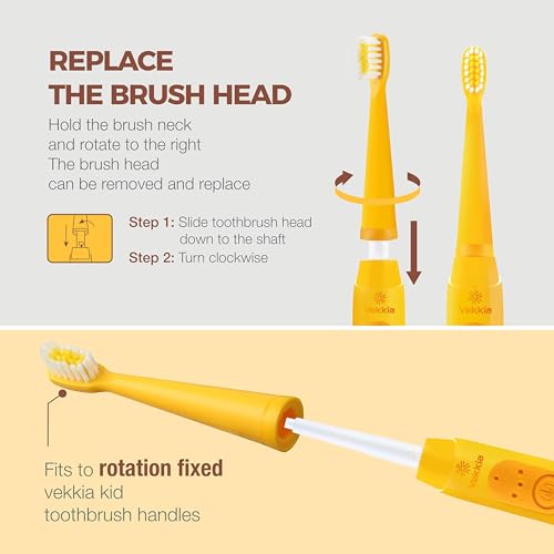 Vekkia Bear Buddy Kids Electric Toothbrush Replacement Heads, Soft End-Rounded 3D Curved Bristles for Small Mouths, Comfortable & Efficient Cleaning, Yellow, 10 Pack
