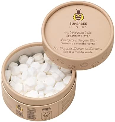 SuperBee Dentos Toothpaste Tablets, 100 Tabs, Fluoride Free & Eco Friendly, Travel Mouthwash Tablets, Sensitive Bites Kids Adults, Chewable Tablet, Spearmint