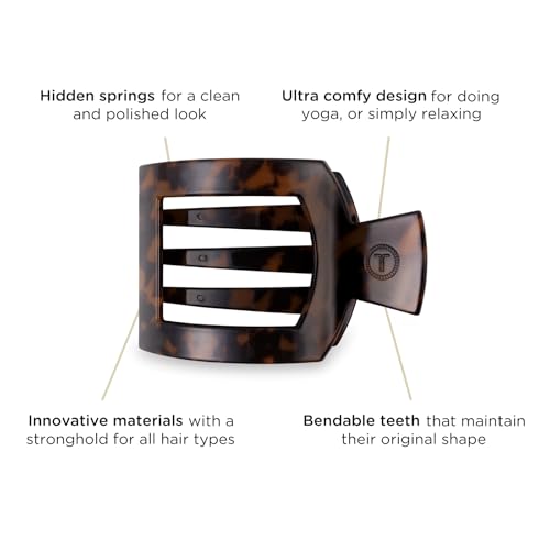 TELETIES - Medium Flat Square Clip - For Lying Down, Yoga, Driving & More - Strong Grip, Bendable Teeth, Comfortable Curved Design - Ideal for Medium Hair - Core Collection - Tortoise